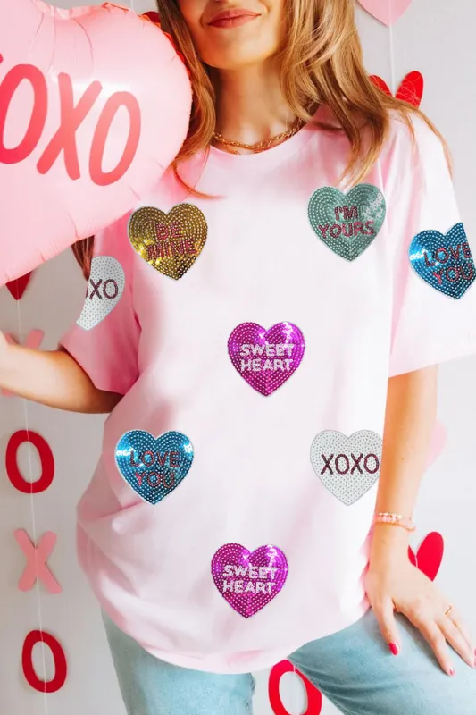 Pink Sequin Valentines Lettering Heart Patched Crewneck T Shirt sold by Beagle Boutique