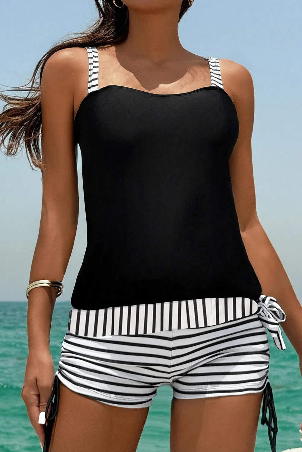 Black Striped Patchwork Side Drawstring Bottoms Tankini Set sold by Beagle Boutique product image thumbnail 3