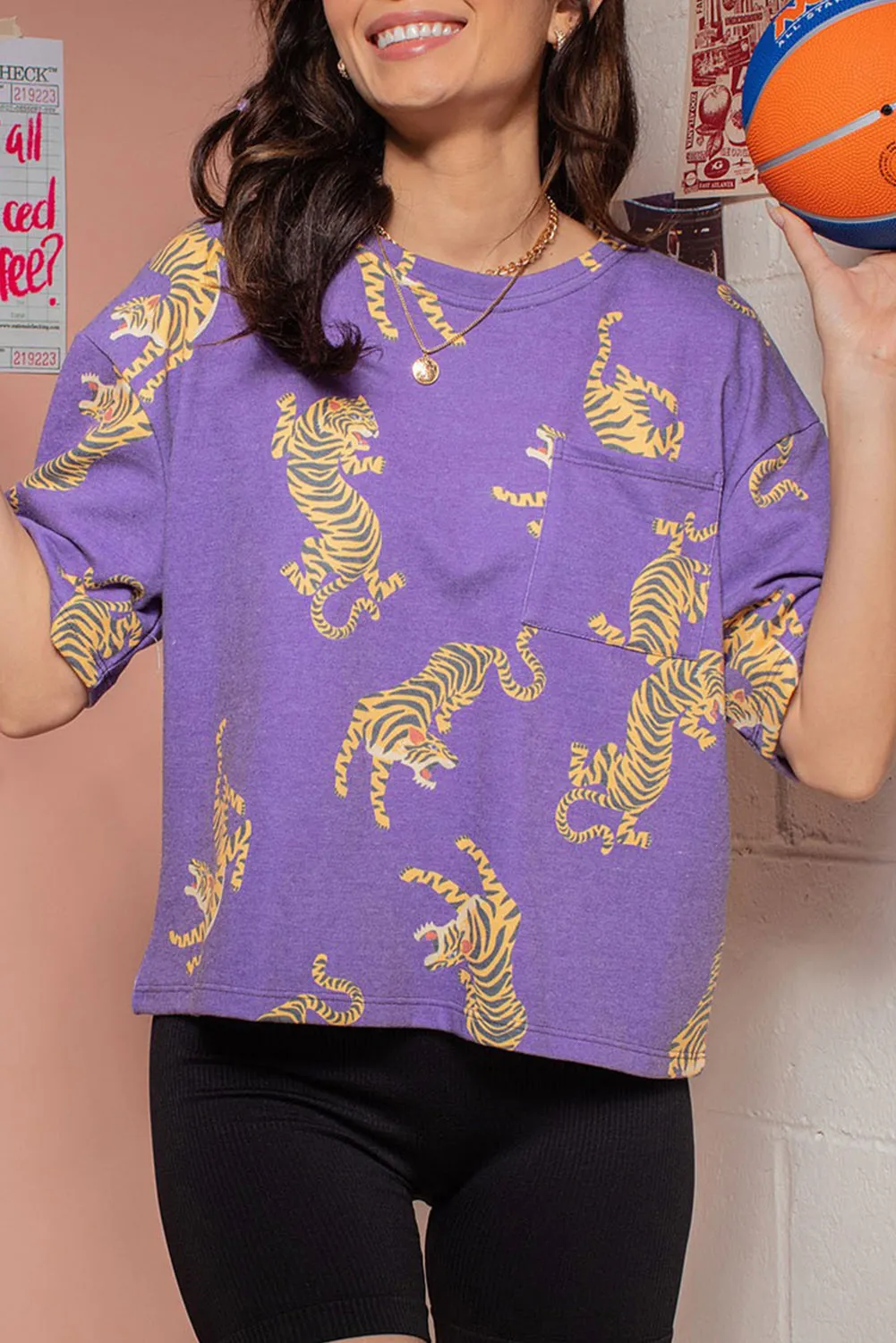 Purple Allover Tiger Printed Patch Pocket Loose T Shirt sold by Beagle Boutique