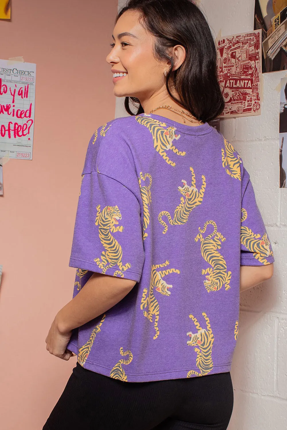 Purple Allover Tiger Printed Patch Pocket Loose T Shirt sold by Beagle Boutique product image thumbnail 2