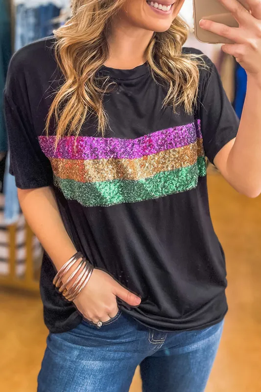 Black Sequin Stripes Patchwork Mardi Gras Crew Neck T Shirt sold by Beagle Boutique