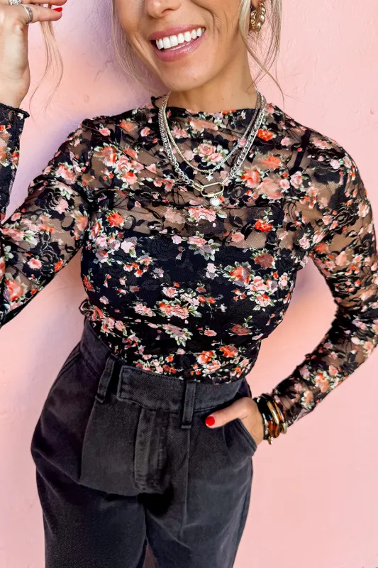 Black Floral Mesh Sheer Long Sleeve Top sold by Beagle Boutique