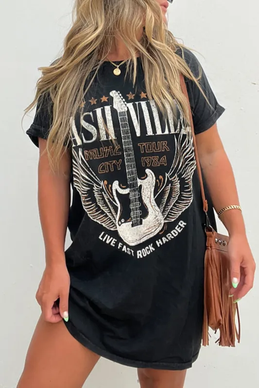 Black Nashville Guitar Print Crew Neck T Shirt Mini Dress sold by Beagle Boutique