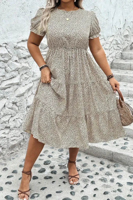 Beige Plus Size Leopard Print Frill Trim Short Sleeve Flared Dress sold by Beagle Boutique