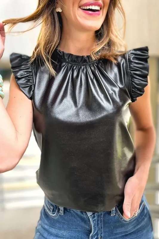 Black PU Leather Frilly Ruffle Trim Blouse sold by Beagle Boutique