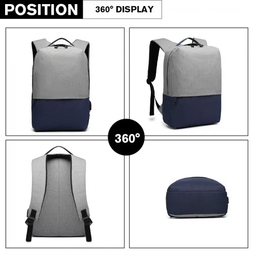 E6891 - Kono Waterproof Basic Backpack with USB Charging Port - Grey/Blue sold by Beagle Boutique product image thumbnail 3