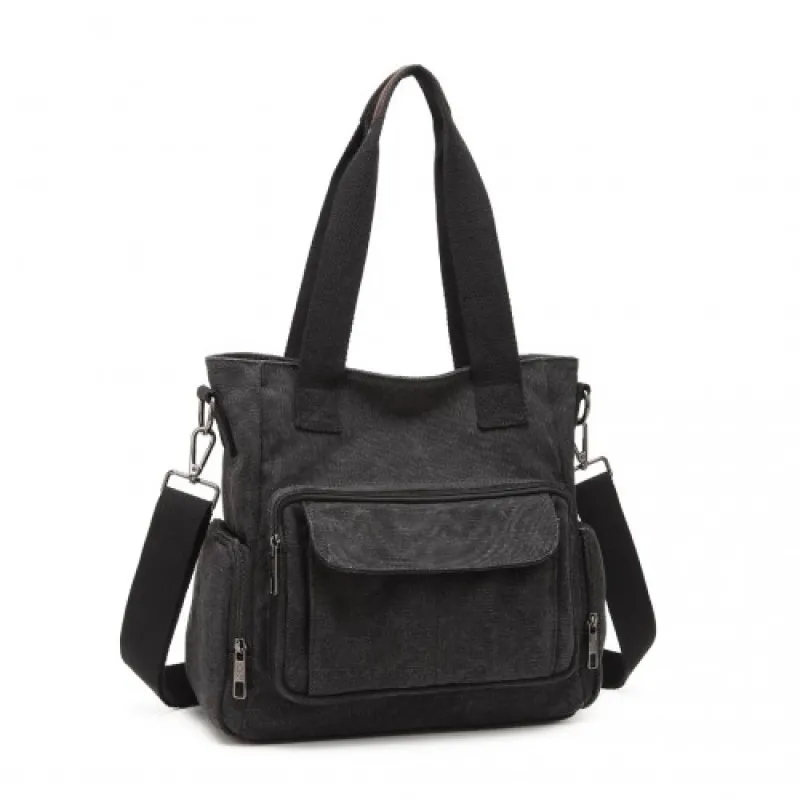 EB2125 - Kono Large Capacity Multi Compartment Canvas Crossbody Tote Bag - Black sold by Beagle Boutique