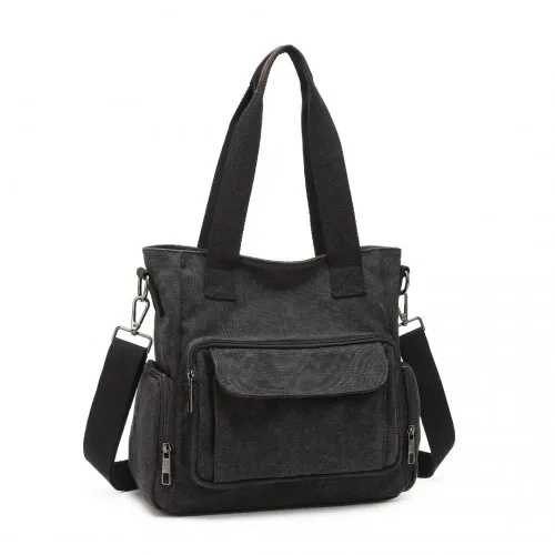 EB2125 - Kono Large Capacity Multi Compartment Canvas Crossbody Tote Bag - Black sold by Beagle Boutique