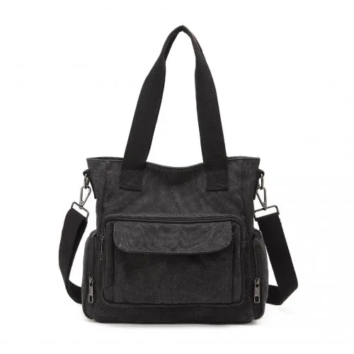 EB2125 - Kono Large Capacity Multi Compartment Canvas Crossbody Tote Bag - Black sold by Beagle Boutique product image thumbnail 2