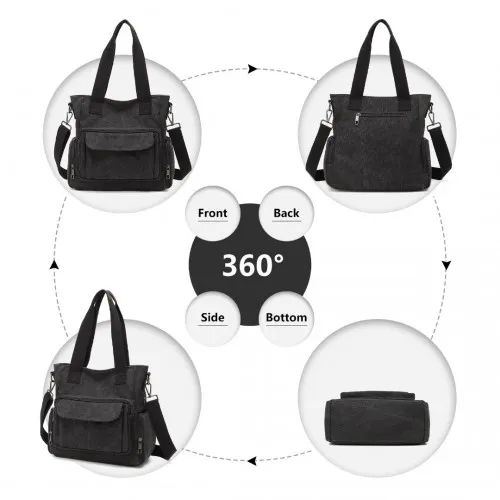 EB2125 - Kono Large Capacity Multi Compartment Canvas Crossbody Tote Bag - Black sold by Beagle Boutique product image thumbnail 3