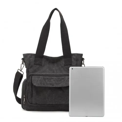 EB2125 - Kono Large Capacity Multi Compartment Canvas Crossbody Tote Bag - Black sold by Beagle Boutique product image thumbnail 5
