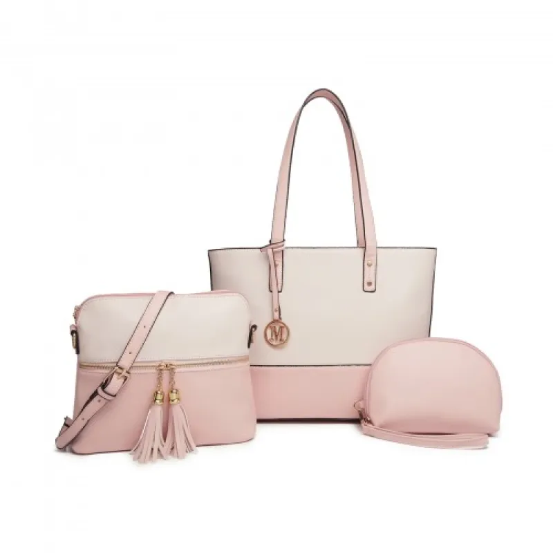 LG2023 - Miss Lulu 3 Piece Leather Look Tote Bag Set - Pink And Beige sold by Beagle Boutique