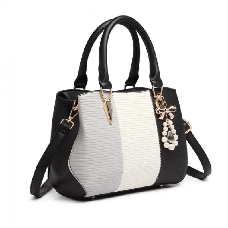 LG6866 - Miss Lulu Leather Look Colour Block Bow Pendant Handbag - Black sold by Beagle Boutique