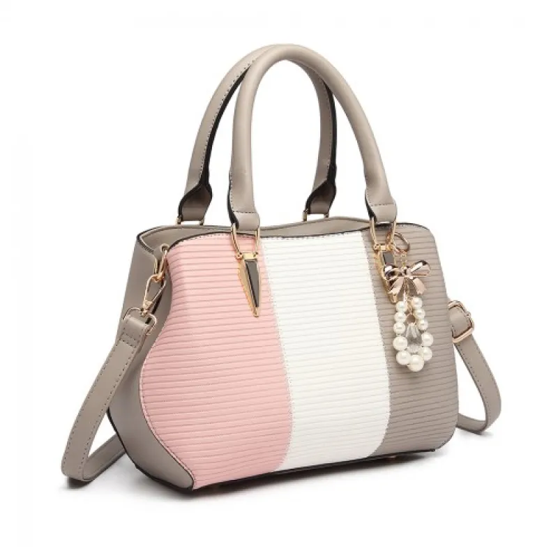 LG6866 - Miss Lulu Leather Look Colour Block Bow Pendant Handbag - Grey sold by Beagle Boutique