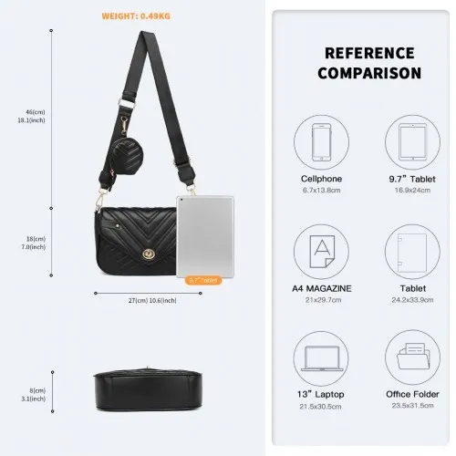 LB2138 - Miss Lulu V-quilted Flap Leather Shoulder Bag - Black sold by Beagle Boutique product image thumbnail 4