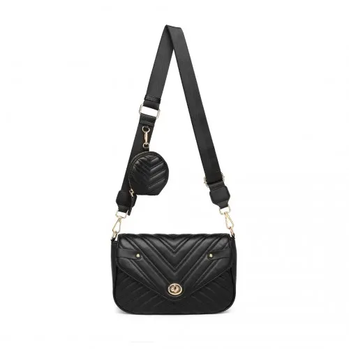 LB2138 - Miss Lulu V-quilted Flap Leather Shoulder Bag - Black sold by Beagle Boutique
