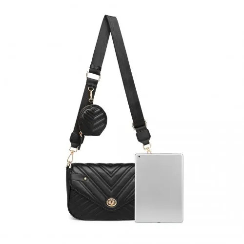LB2138 - Miss Lulu V-quilted Flap Leather Shoulder Bag - Black sold by Beagle Boutique product image thumbnail 5