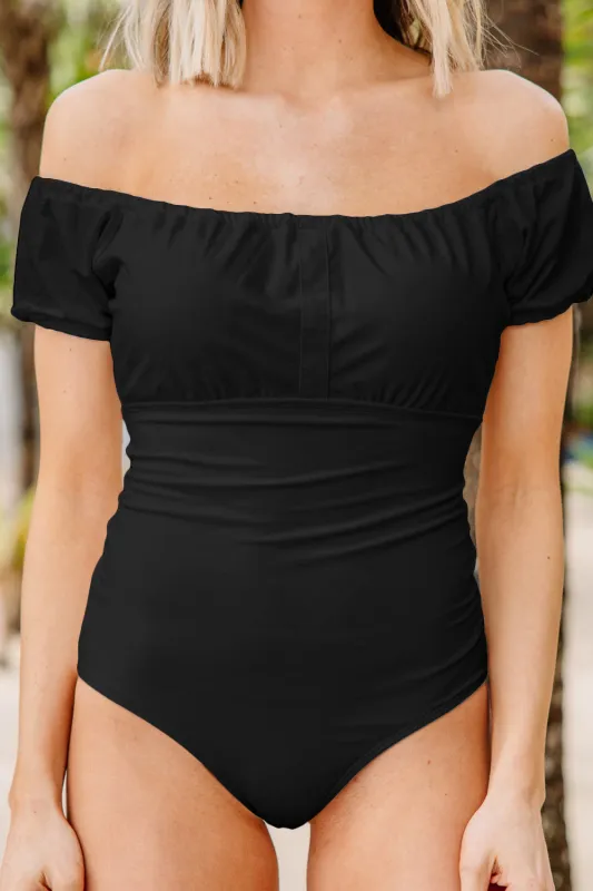 Black Elastic Neckline Short Sleeve One Piece Swimsuit sold by Beagle Boutique