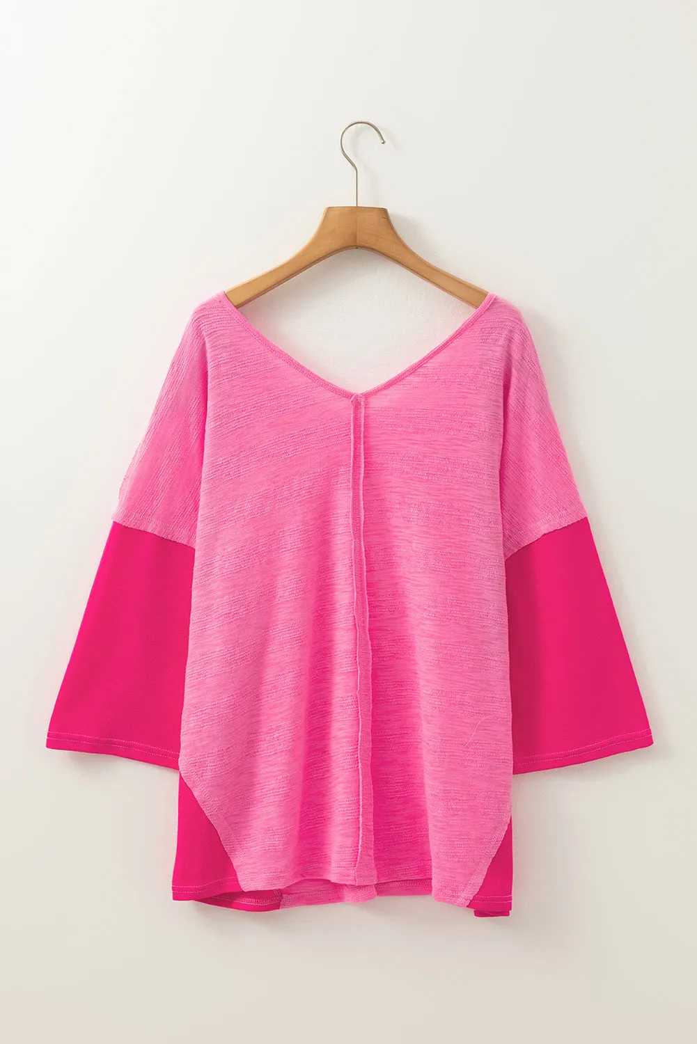 Sachet Pink Contrast Patchwork 3/4 Sleeve V Neck Loose Blouse sold by Beagle Boutique product image thumbnail 4
