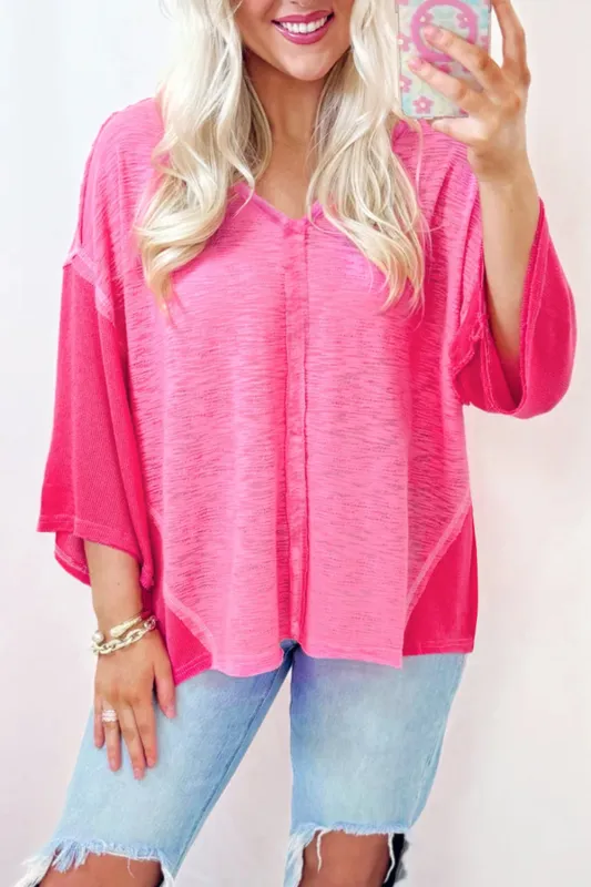 Sachet Pink Contrast Patchwork 3/4 Sleeve V Neck Loose Blouse sold by Beagle Boutique