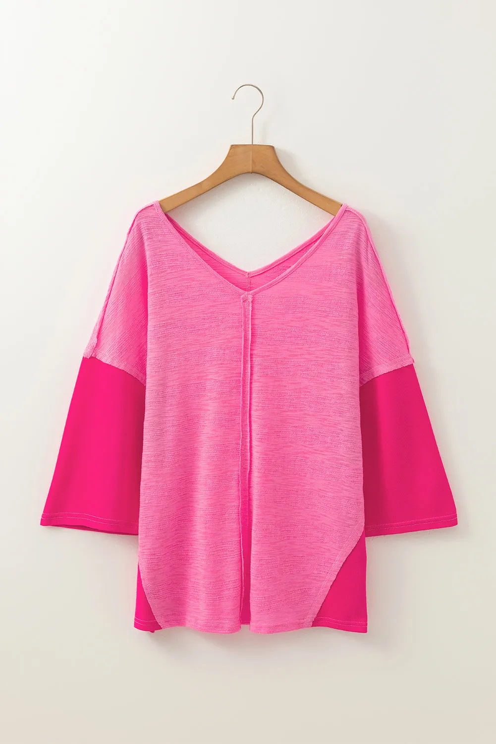 Sachet Pink Contrast Patchwork 3/4 Sleeve V Neck Loose Blouse sold by Beagle Boutique product image thumbnail 5