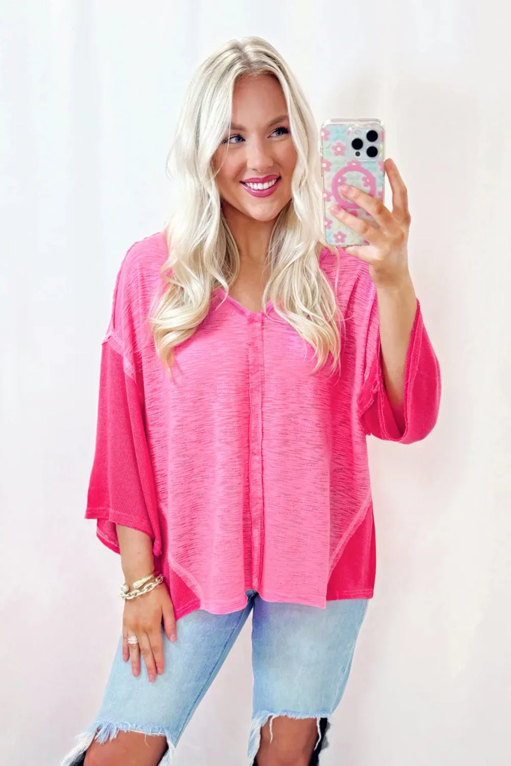 Sachet Pink Contrast Patchwork 3/4 Sleeve V Neck Loose Blouse sold by Beagle Boutique product image thumbnail 3