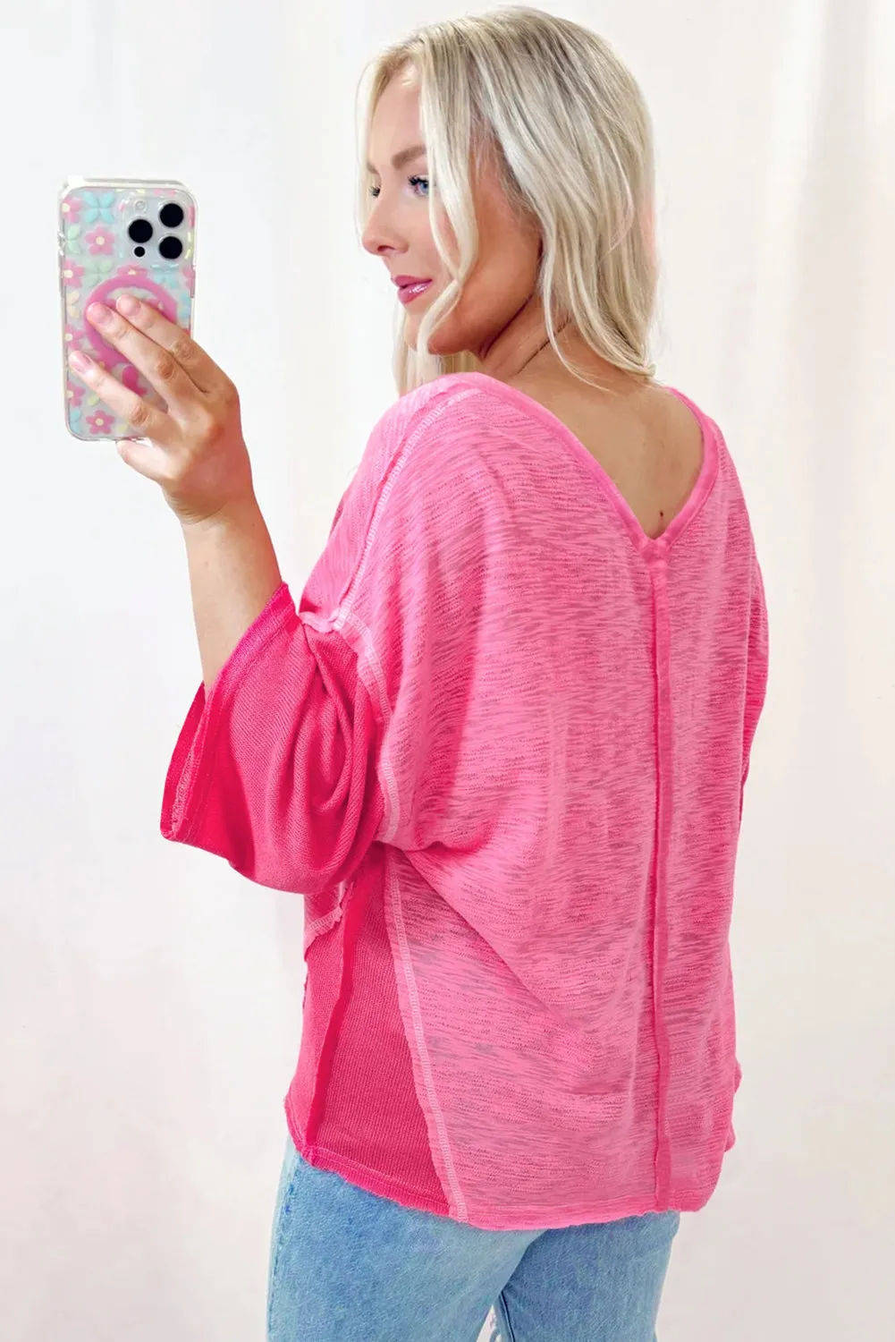 Sachet Pink Contrast Patchwork 3/4 Sleeve V Neck Loose Blouse sold by Beagle Boutique product image thumbnail 2