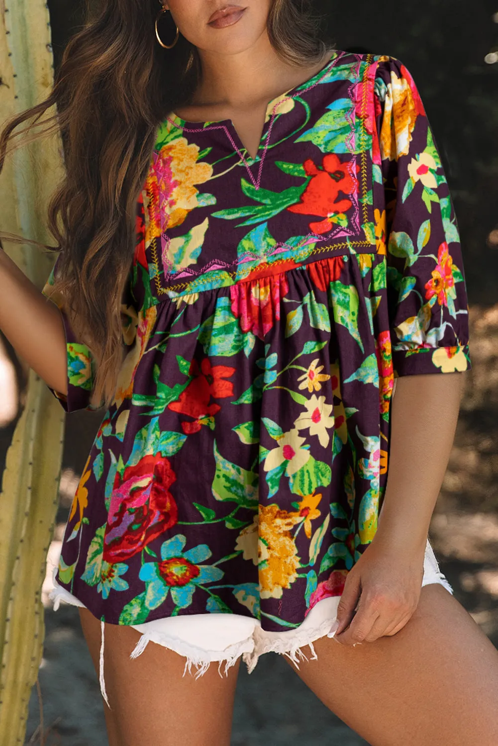 Greyish Purple Rose Flower Embroidered Trim Half Sleeve Blouse sold by Beagle Boutique
