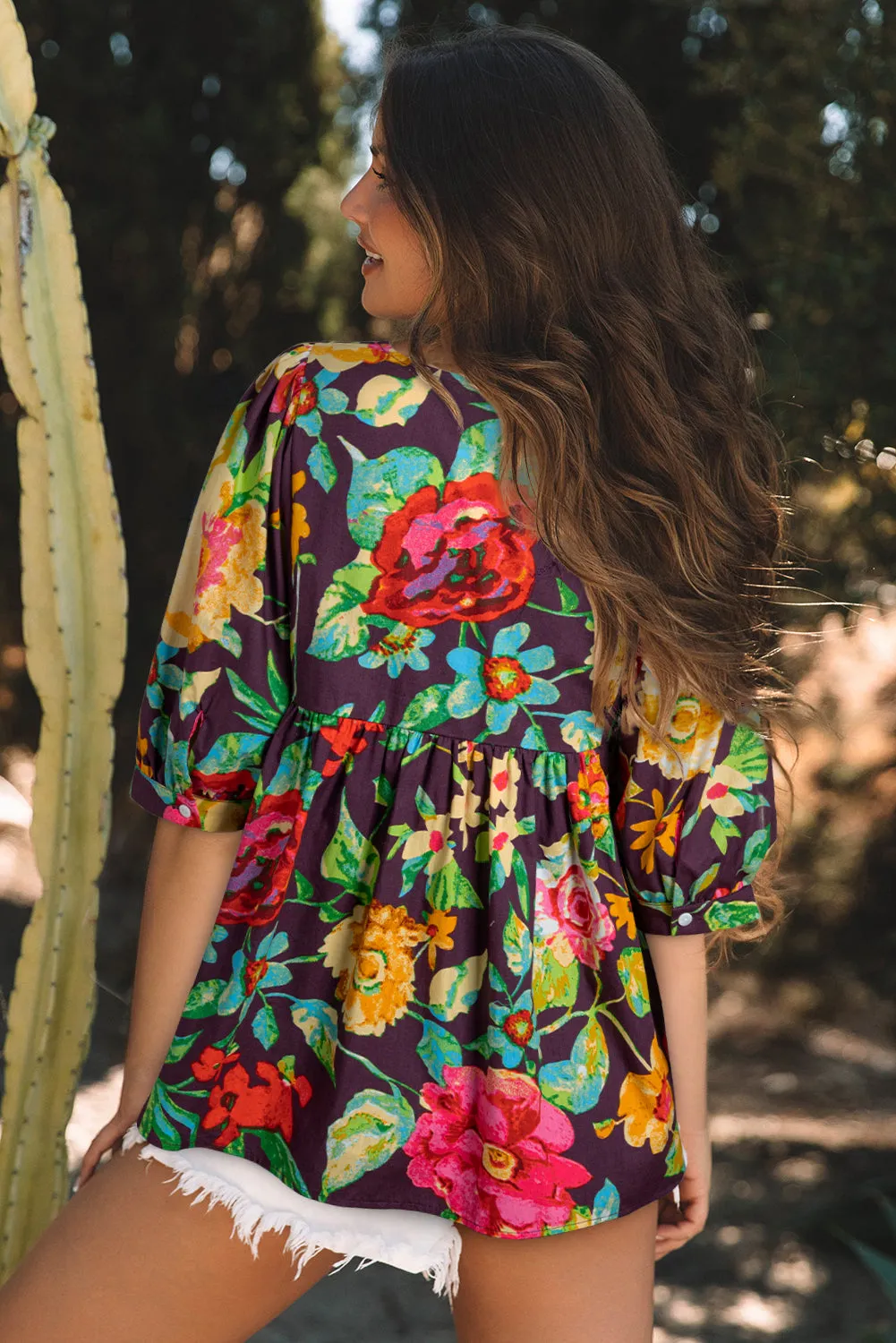 Greyish Purple Rose Flower Embroidered Trim Half Sleeve Blouse sold by Beagle Boutique product image thumbnail 2