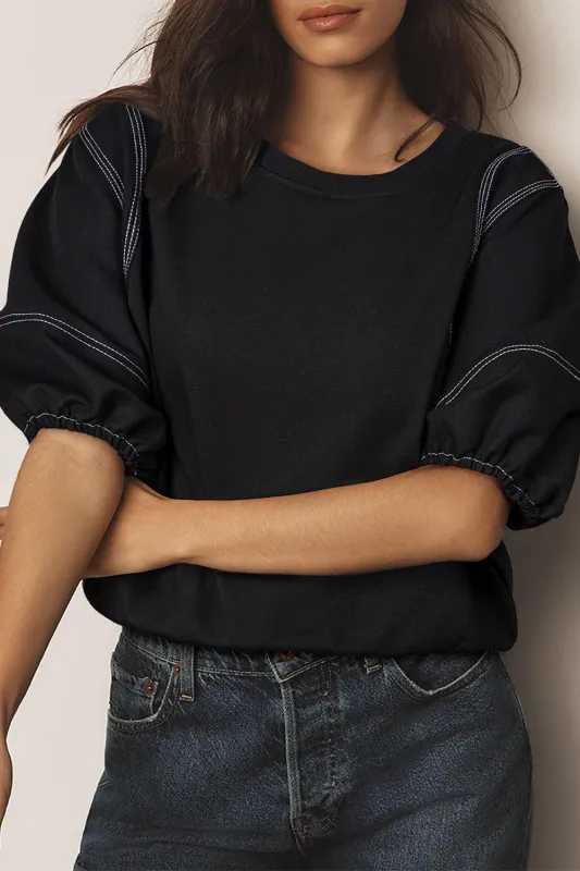 Black Contrast Stitches Detail Puffy Half Sleeve Blouse sold by Beagle Boutique