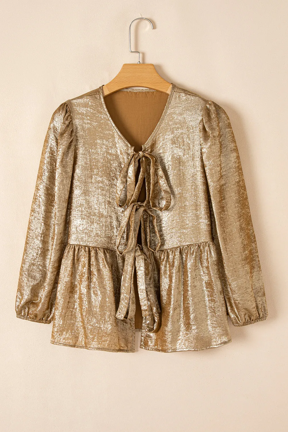 Gold Bow Tie Front Puff 3/4 Sleeve Ruffle Hem Blouse sold by Beagle Boutique product image thumbnail 4