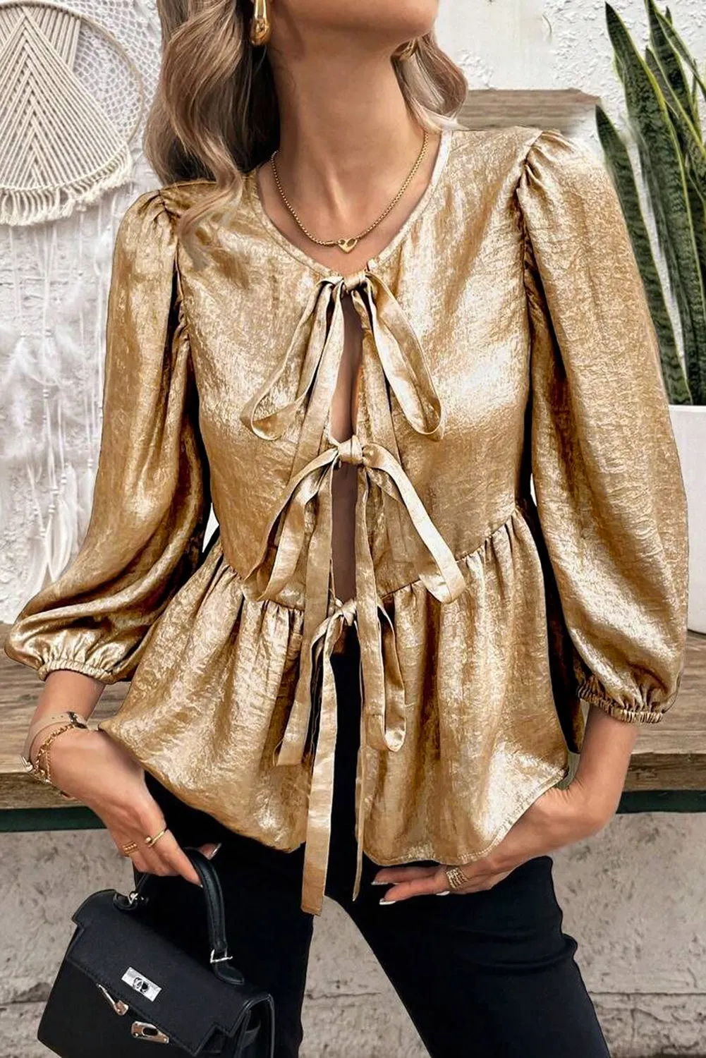 Gold Bow Tie Front Puff 3/4 Sleeve Ruffle Hem Blouse sold by Beagle Boutique product image thumbnail 3
