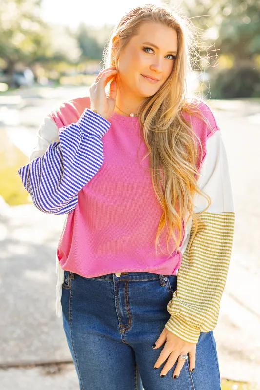 Rose Red Colourblock Patchwork Striped Puff Sleeve Plus Size Top with Slits sold by Beagle Boutique