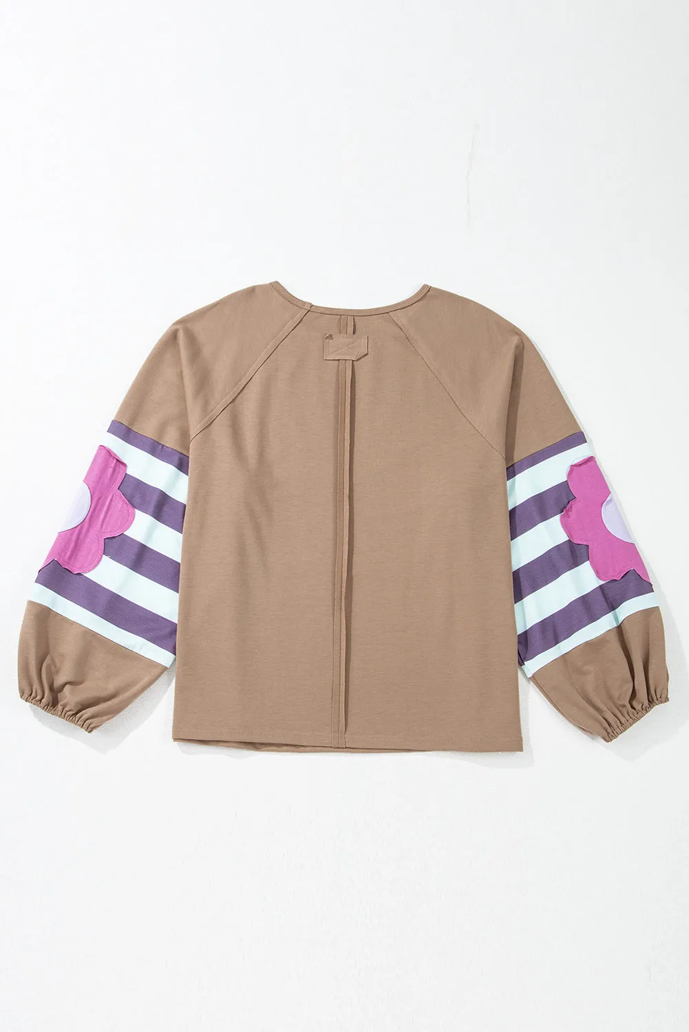 Light French Beige Flower Striped Patchwork Puff Sleeve Loose Sweatshirt sold by Beagle Boutique product image thumbnail 5