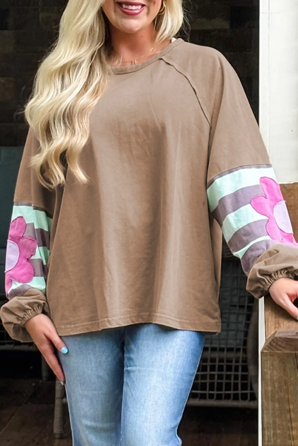 Light French Beige Flower Striped Patchwork Puff Sleeve Loose Sweatshirt sold by Beagle Boutique