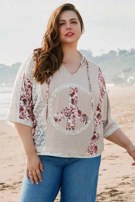 Khaki V Neck Floral Peace Sign Graphic Lace Patch Ribbed Plus Size Hooded Top made by eAura