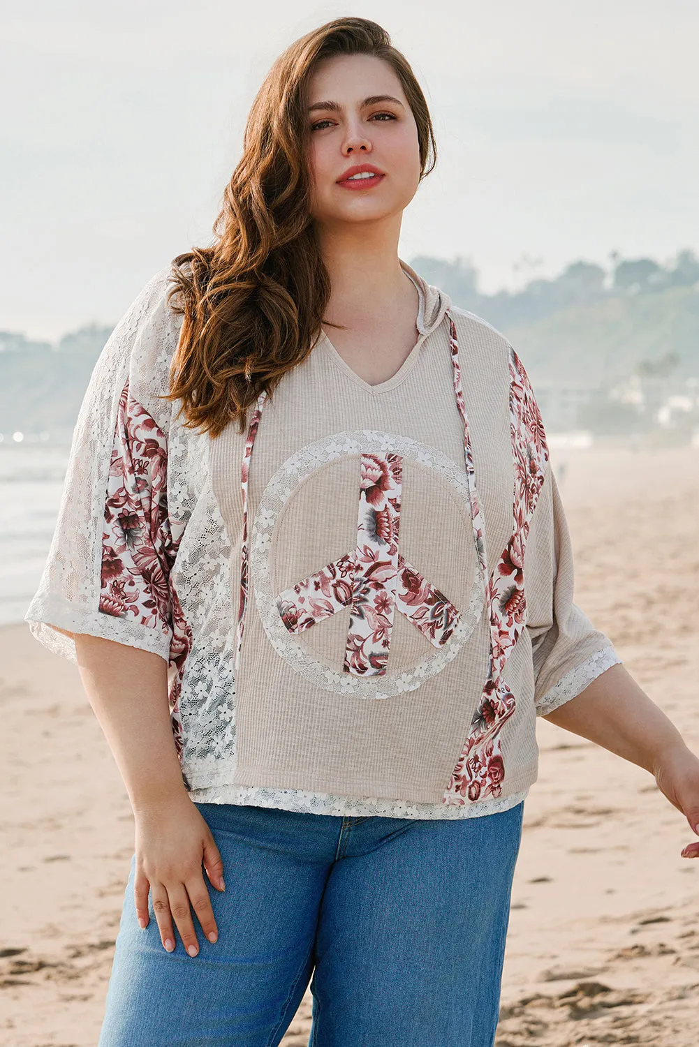 Khaki V Neck Floral Peace Sign Graphic Lace Patch Ribbed Plus Size Hooded Top sold by Beagle Boutique
