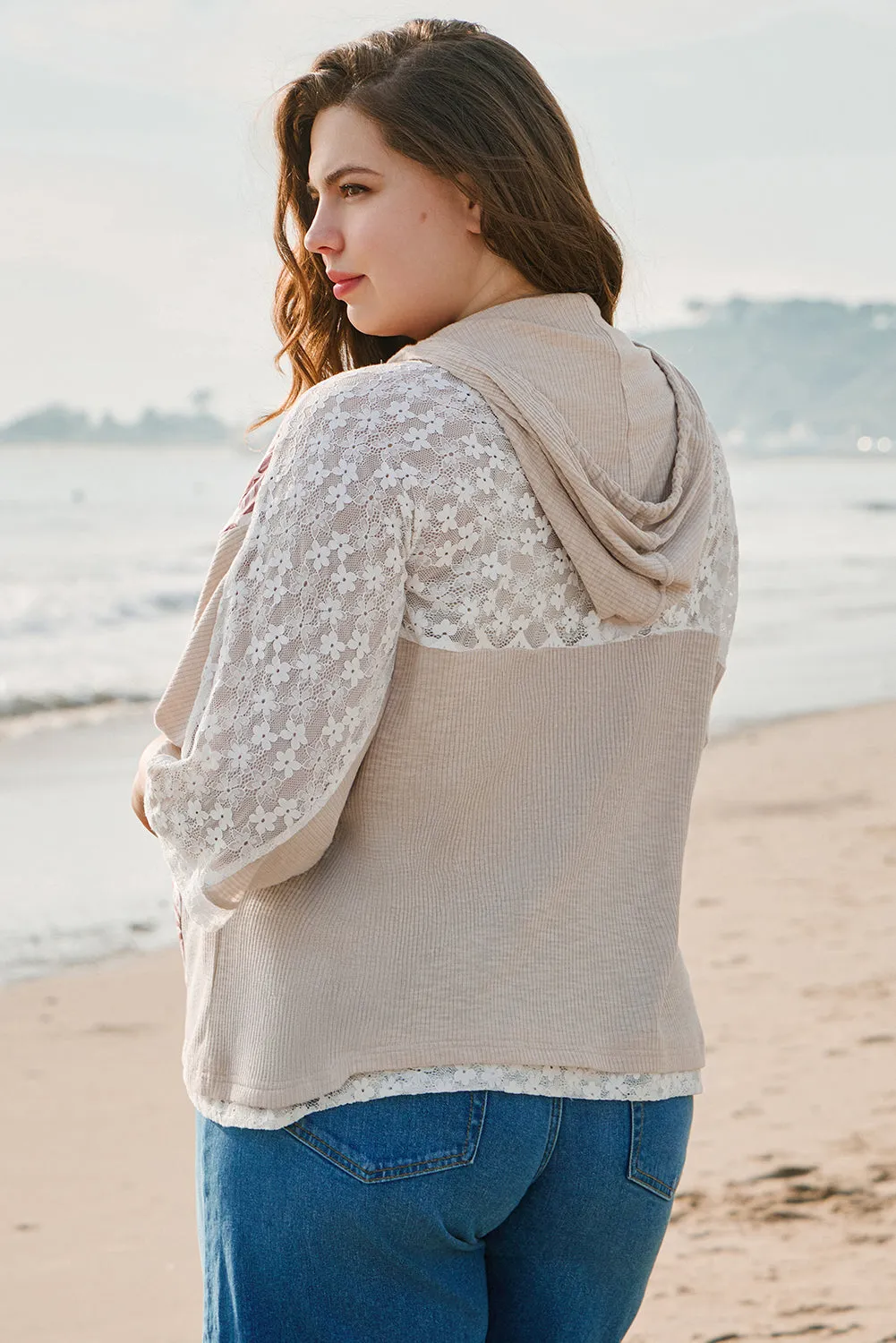 Khaki V Neck Floral Peace Sign Graphic Lace Patch Ribbed Plus Size Hooded Top sold by Beagle Boutique product image thumbnail 2