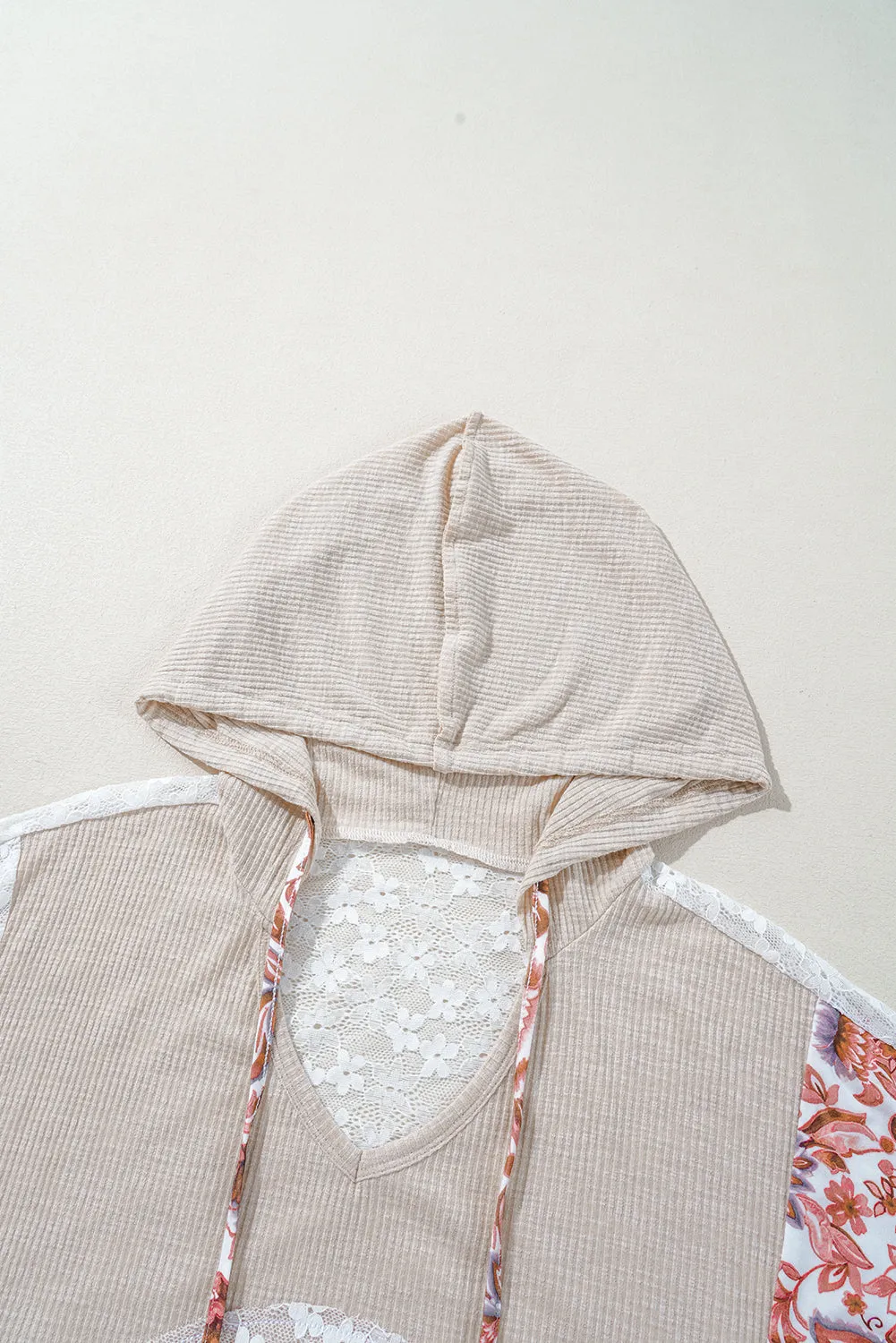 Khaki V Neck Floral Peace Sign Graphic Lace Patch Ribbed Plus Size Hooded Top sold by Beagle Boutique product image thumbnail 5