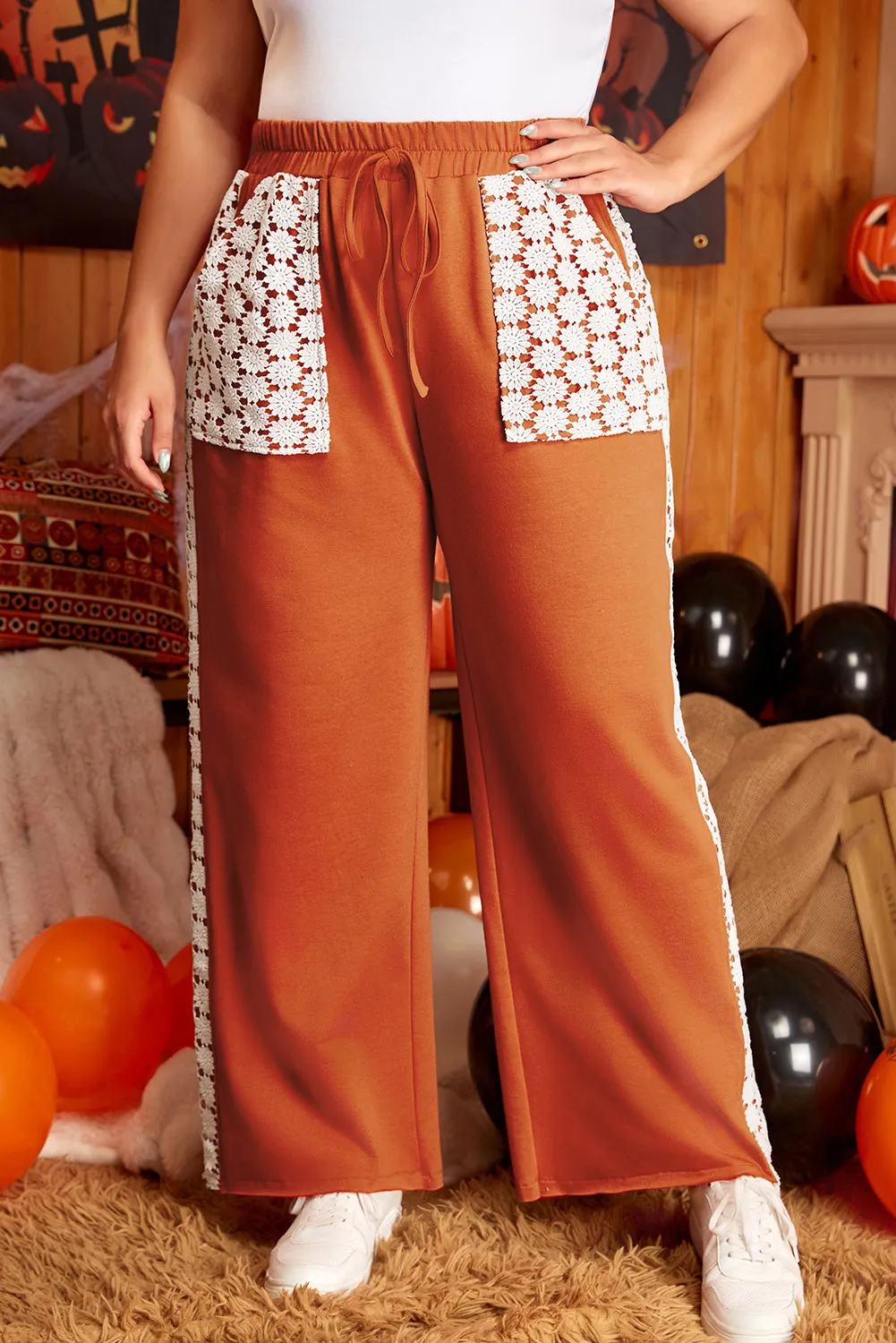 Gold Flame Plus Size Floral Crochet Patch Drawstring Wide Leg Trousers sold by Beagle Boutique