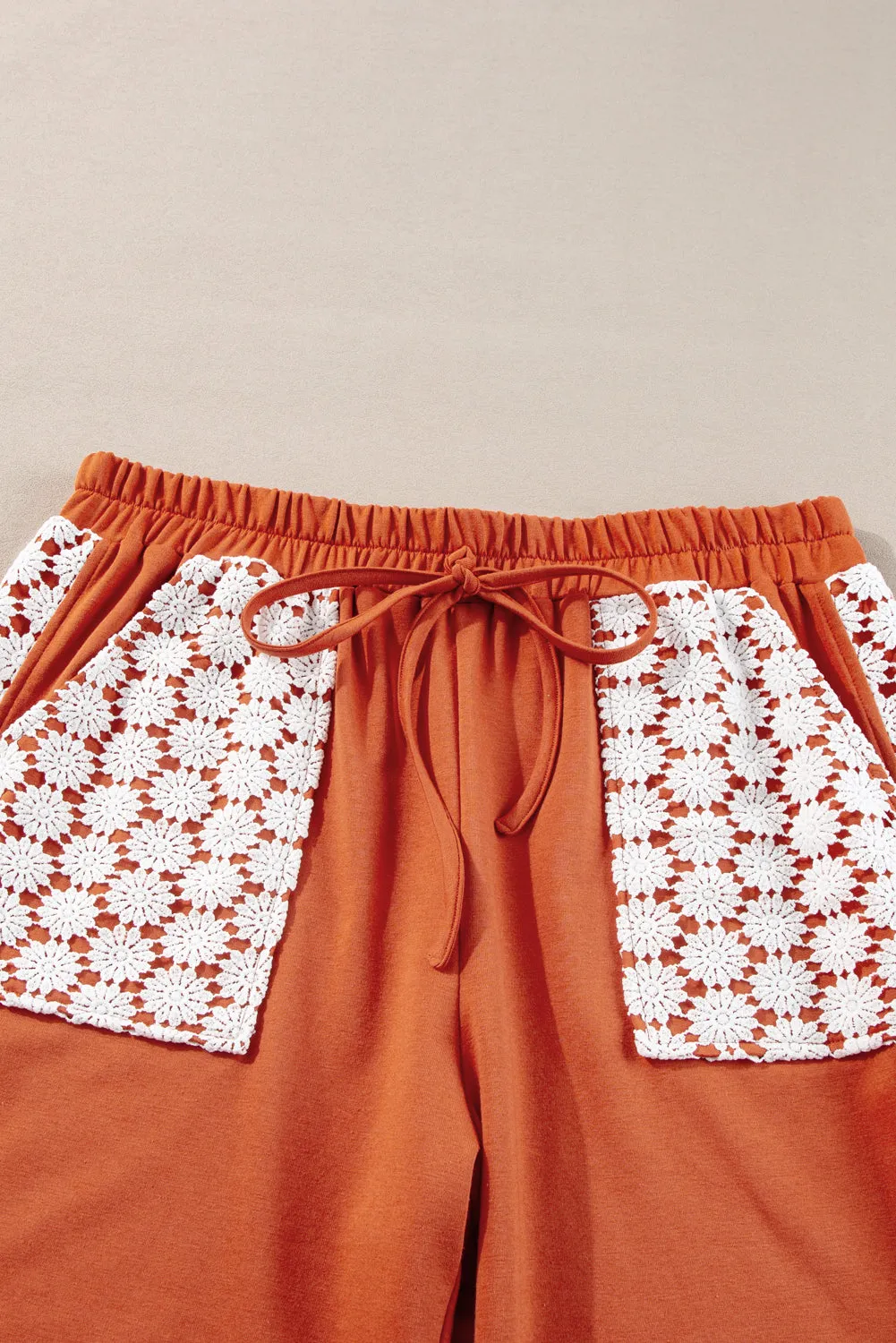Gold Flame Plus Size Floral Crochet Patch Drawstring Wide Leg Trousers sold by Beagle Boutique product image thumbnail 4