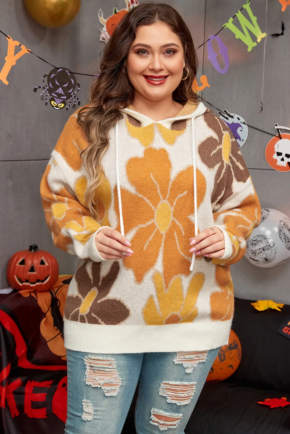 White Large Flower Knitted Drawstring Hooded Plus Size Sweater sold by Beagle Boutique