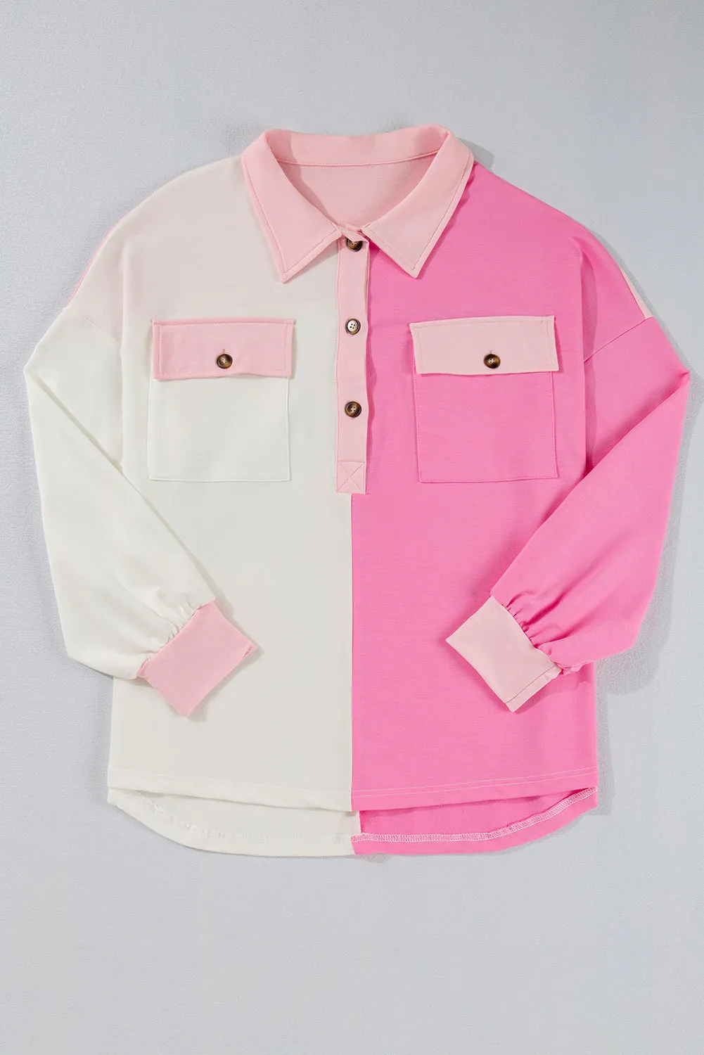 Pink Colour Block Chest Pockets Half Button Plus Size Sweatshirt sold by Beagle Boutique product image thumbnail 4