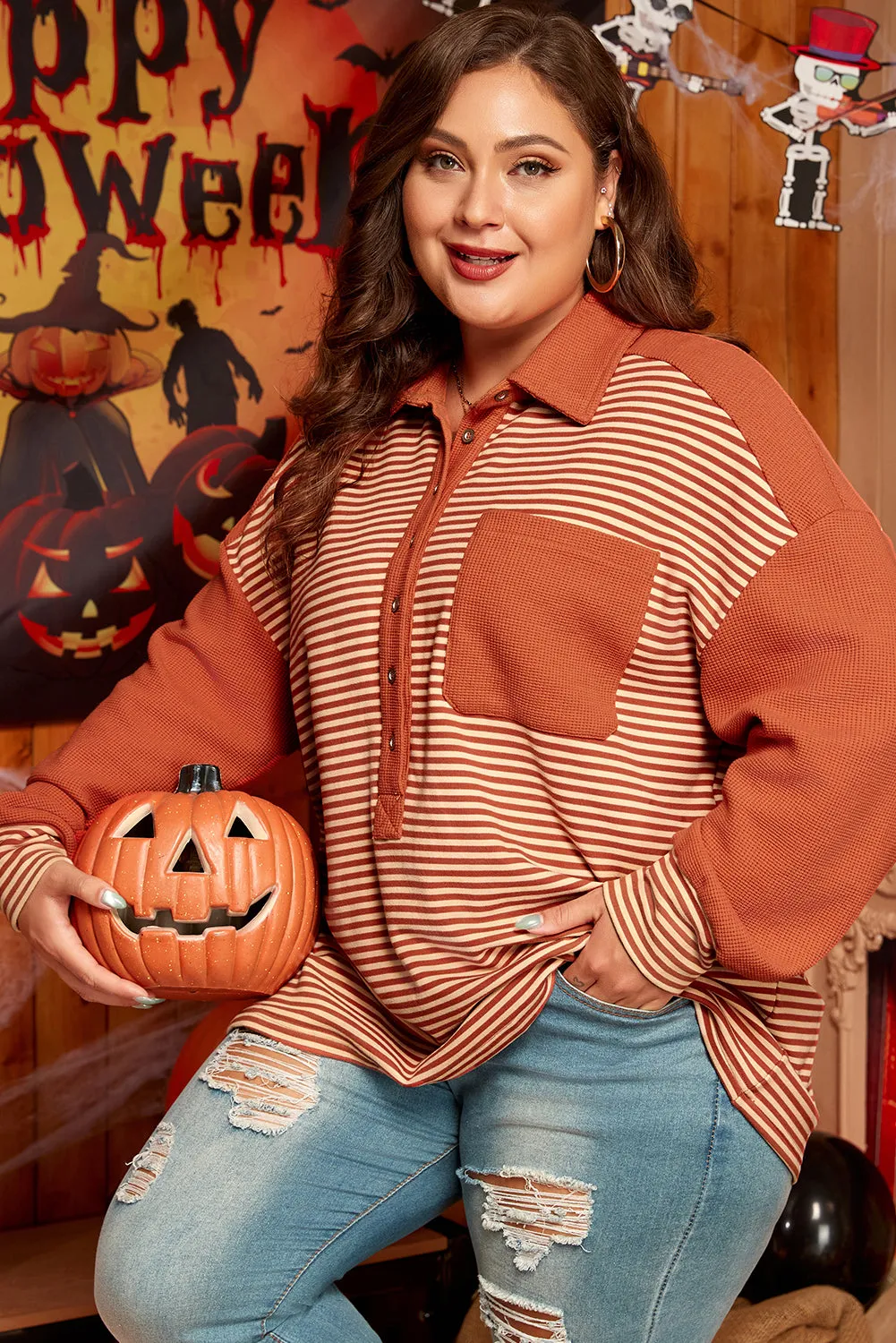Red Stripe Textured Patched Drop Shoulder Buttoned Plus Size Sweatshirt sold by Beagle Boutique product image thumbnail 3