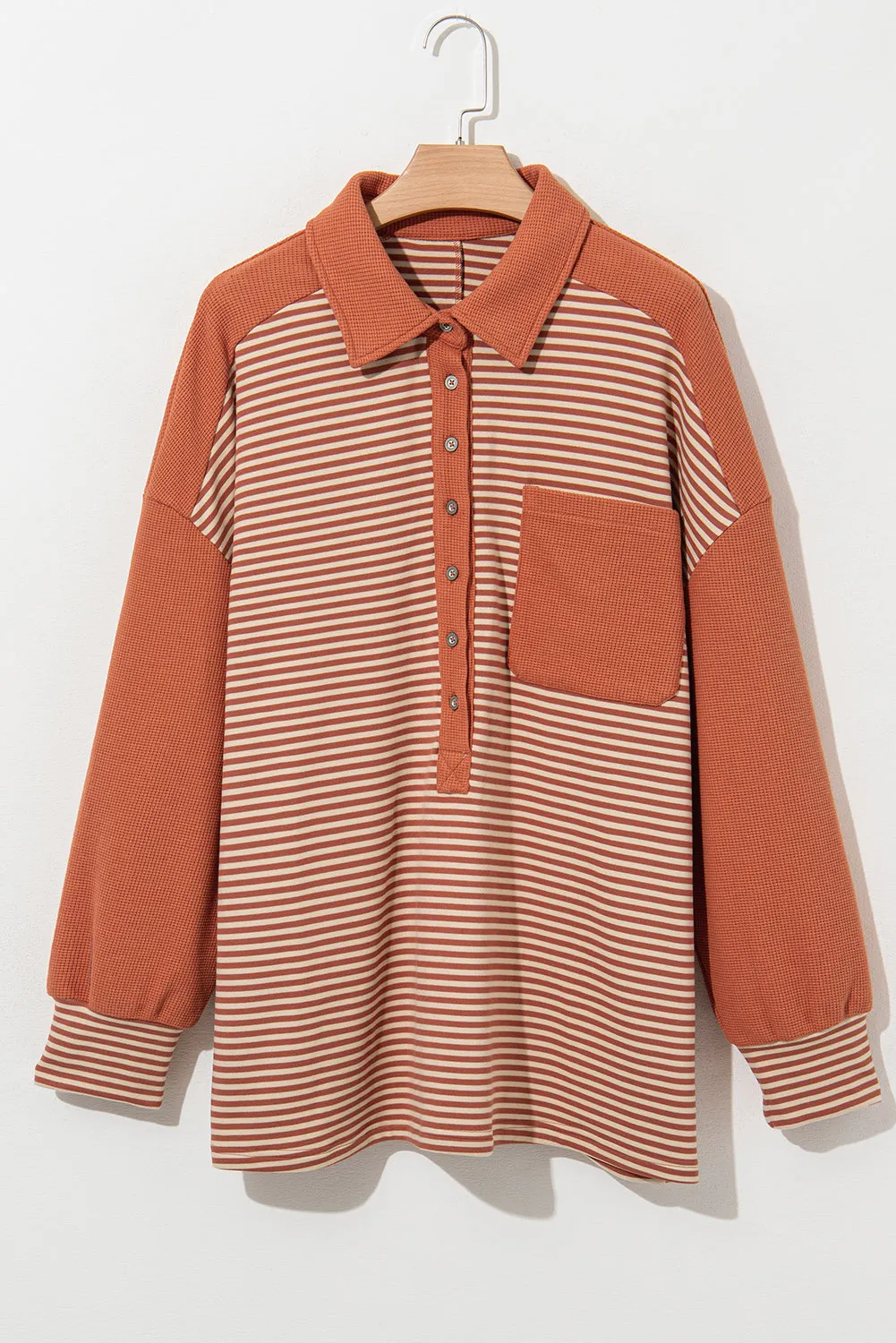 Red Stripe Textured Patched Drop Shoulder Buttoned Plus Size Sweatshirt sold by Beagle Boutique product image thumbnail 4