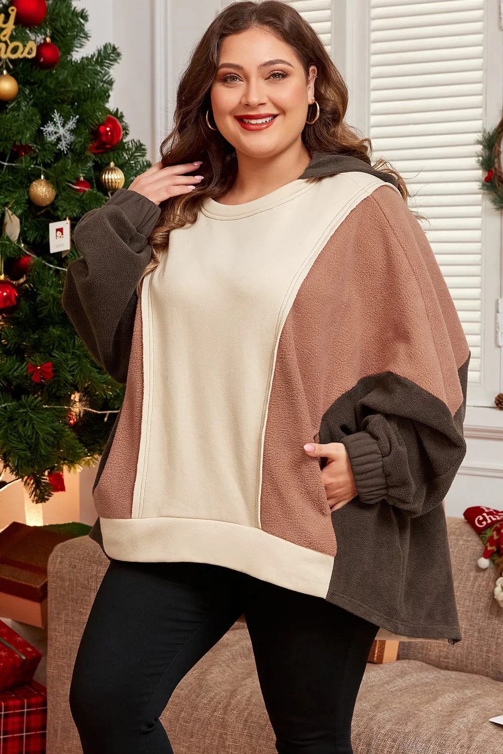 Brown Exposed Seam Colourblock Plus Size Hoodie sold by Beagle Boutique product image thumbnail 3