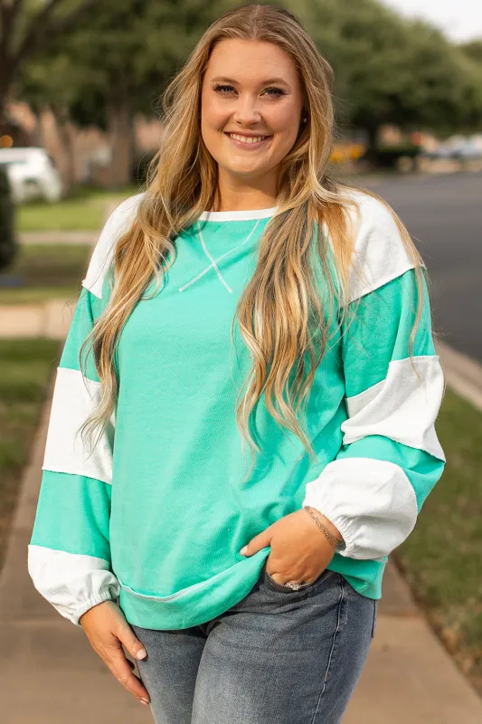 Aruba Blue Colourblock Patchwork Cross Seam Plus Sweatshirt sold by Beagle Boutique