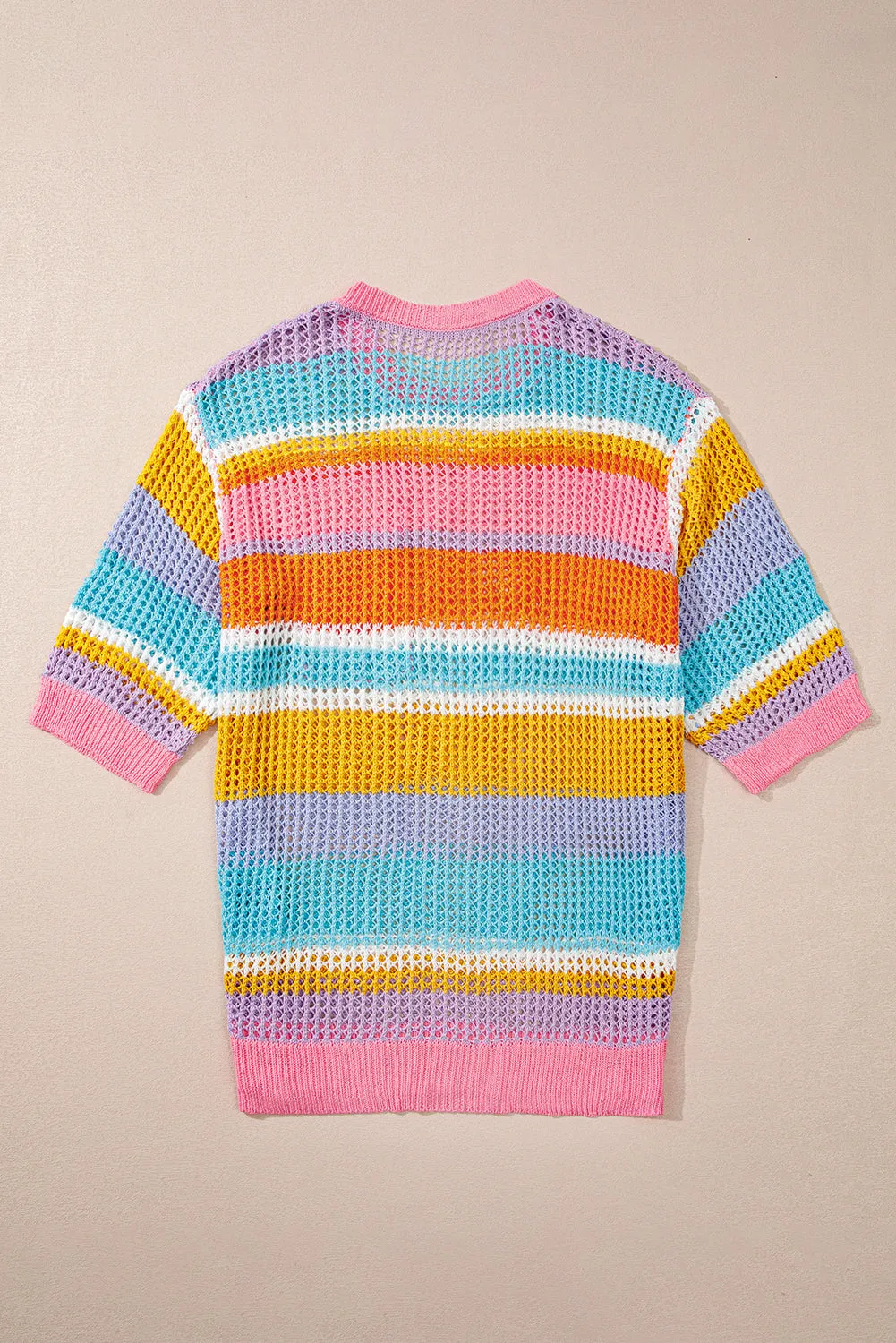 Pink Stripe Plus Size Open Knit Patch Pocket Short Sleeve Sweater sold by Beagle Boutique product image thumbnail 4
