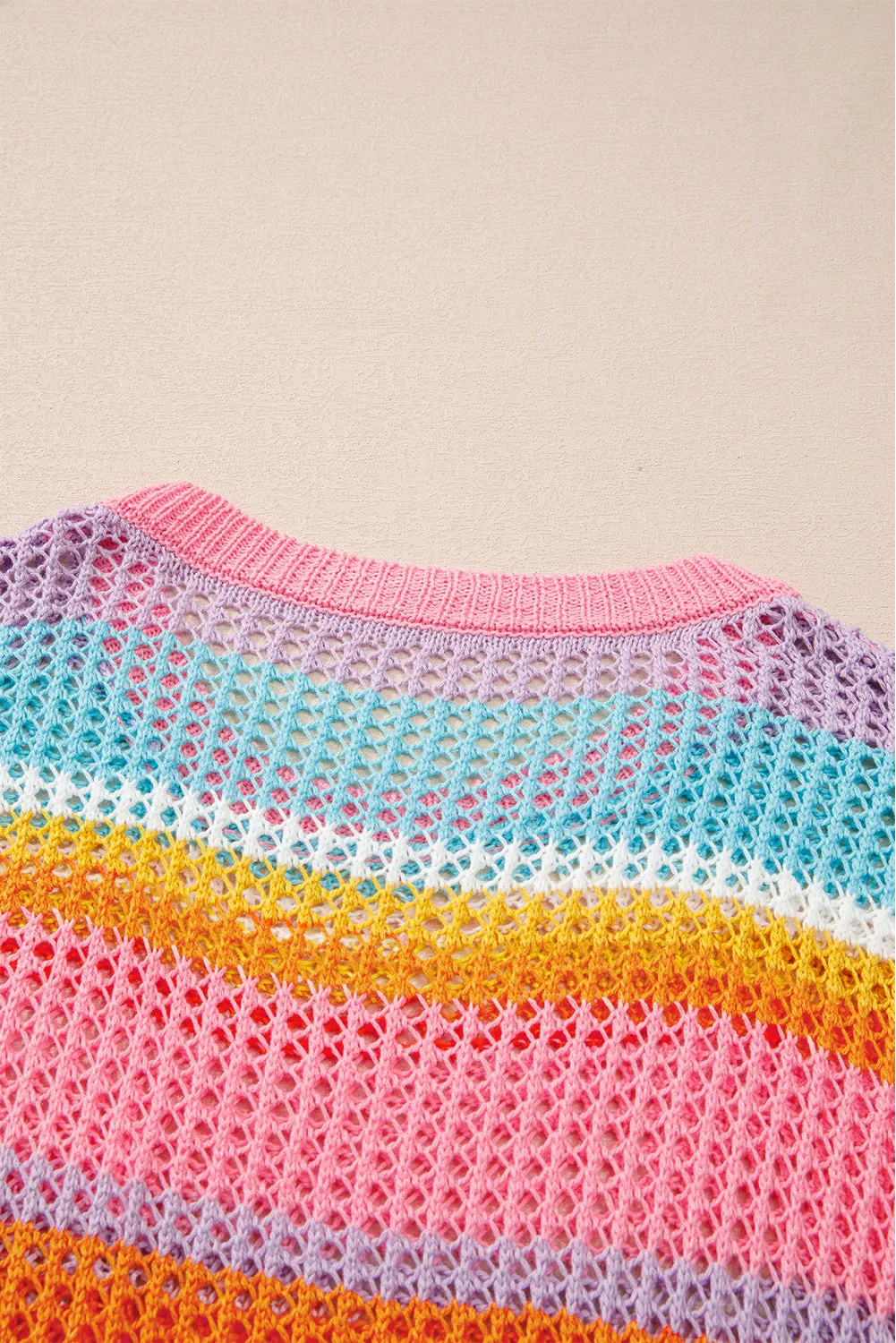 Pink Stripe Plus Size Open Knit Patch Pocket Short Sleeve Sweater sold by Beagle Boutique product image thumbnail 5