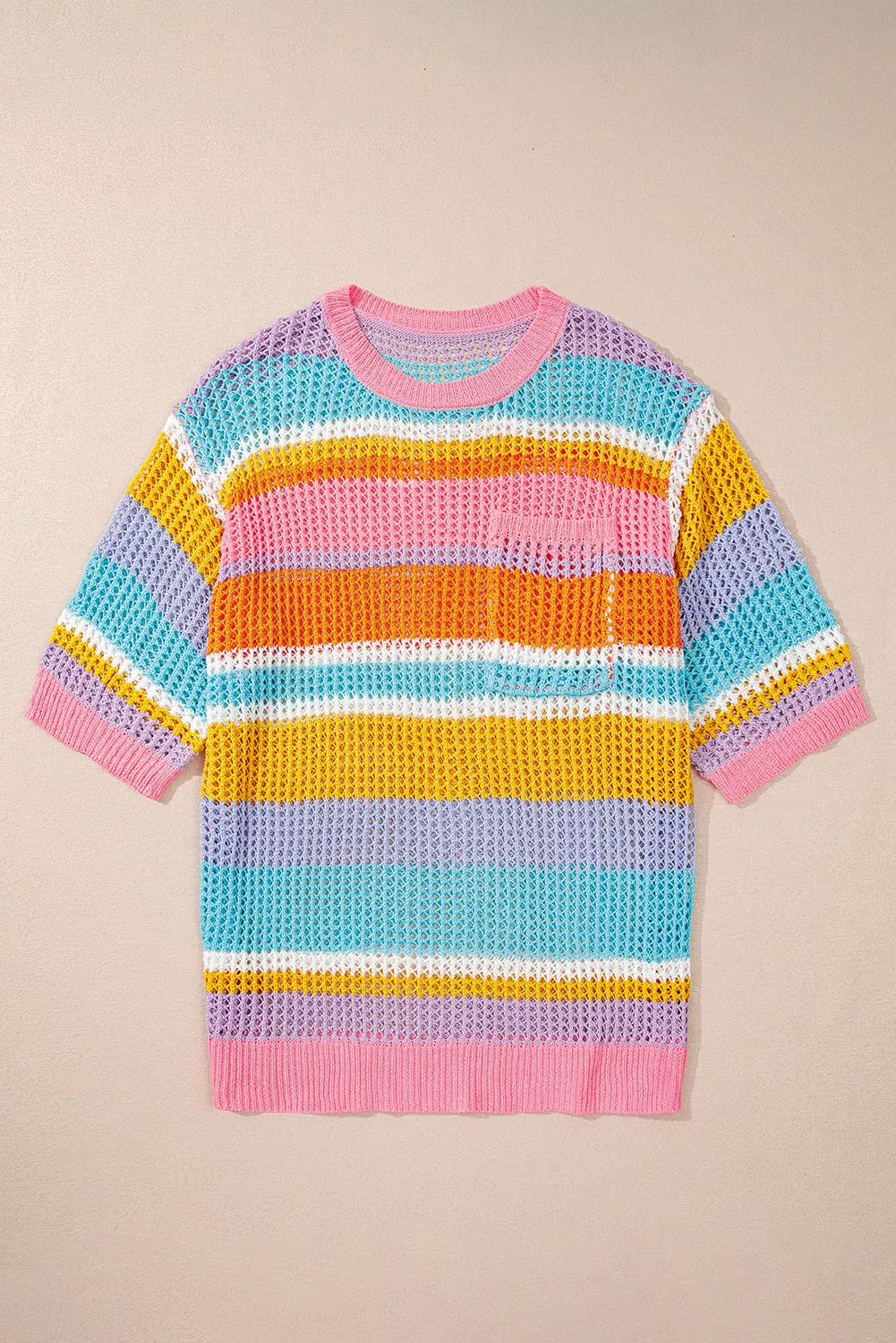 Pink Stripe Plus Size Open Knit Patch Pocket Short Sleeve Sweater sold by Beagle Boutique product image thumbnail 3